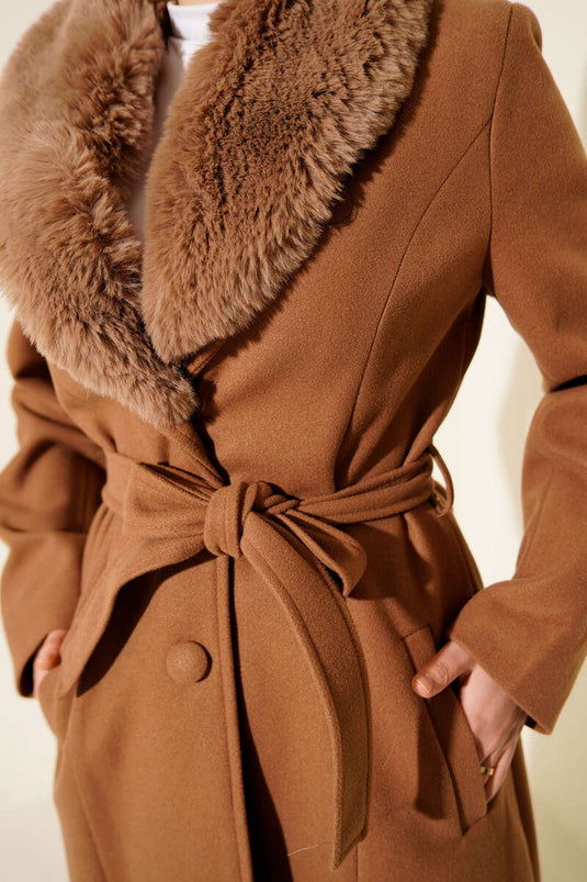 Latte Fur-Collared Cashmere Coat