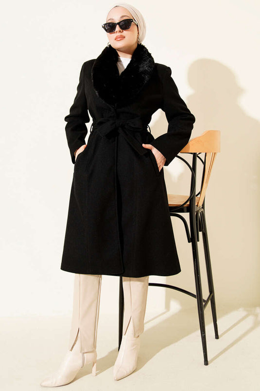 Fur Collar Cashmere Coat Black