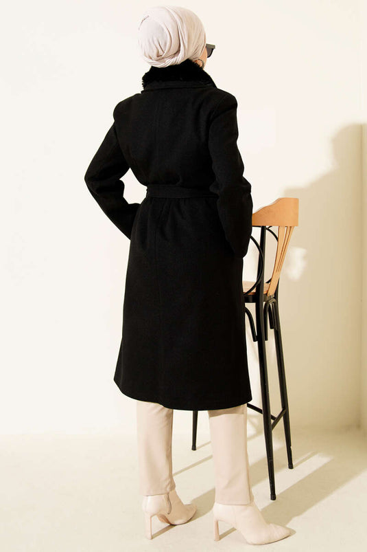 Fur Collar Cashmere Coat Black