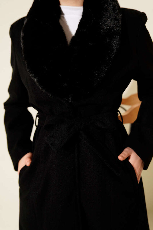 Fur Collar Cashmere Coat Black
