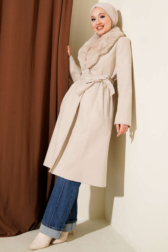 Fur Collar Cashmere Coat Stone