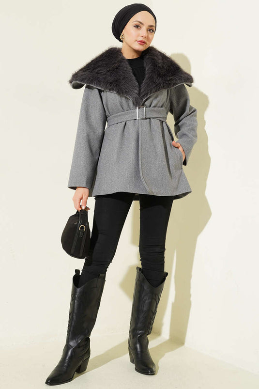 Yaka Kürklü Kuşaklı Kaşe Kaban Füme