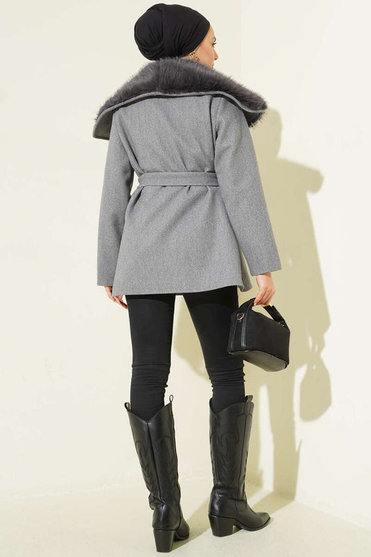 Yaka Kürklü Kuşaklı Kaşe Kaban Füme