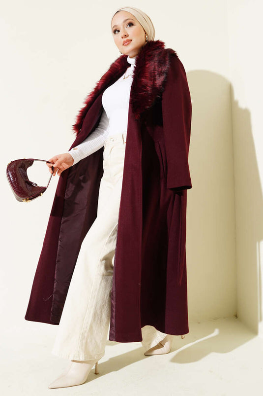 Bontkraag riem lange jas bordeauxrood