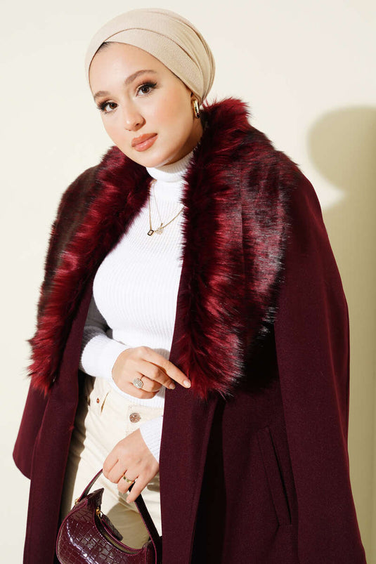 Bontkraag riem lange jas bordeauxrood
