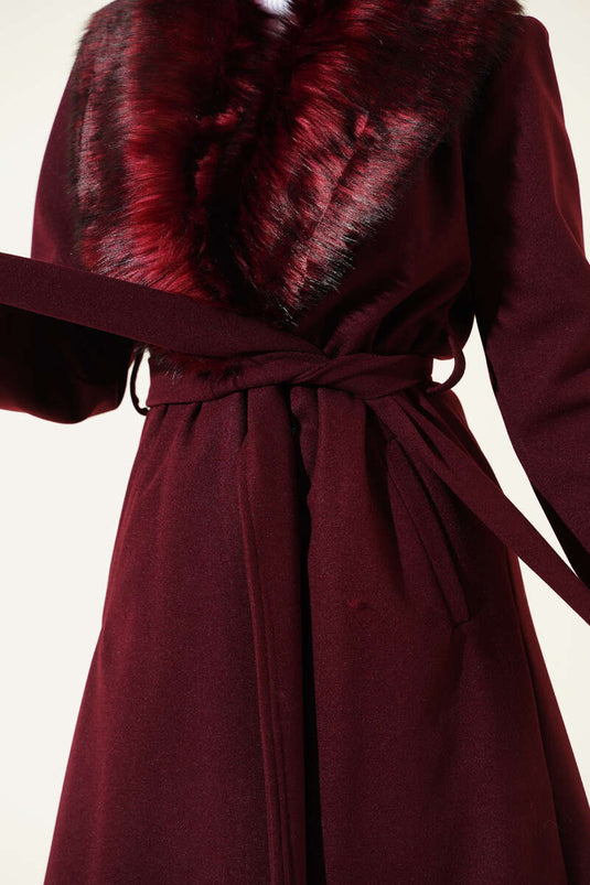 Bontkraag riem lange jas bordeauxrood