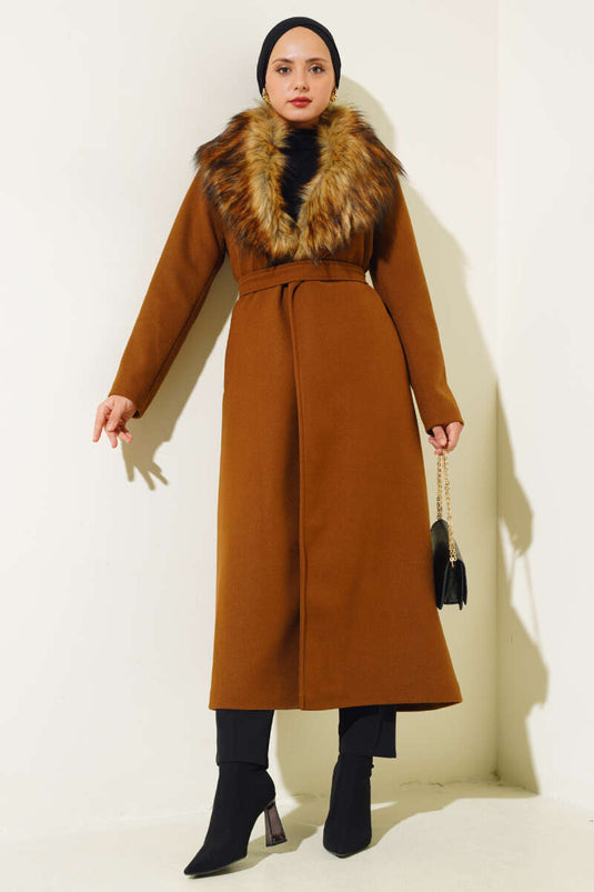 Fur Collar Belted Long Coat Camel