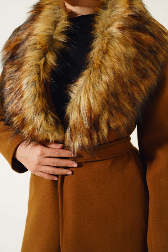 Fur Collar Belted Long Coat Camel