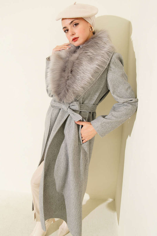 Fur Collar Belted Long Coat Gray