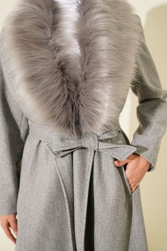 Fur Collar Belted Long Coat Gray