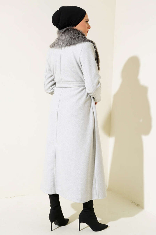 Fur Collar Belted Long Coat Melange Gray