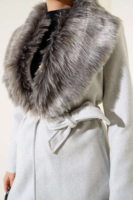 Fur Collar Belted Long Coat Melange Gray