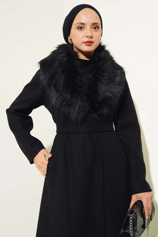 Fur Collar Belted Long Coat Black
