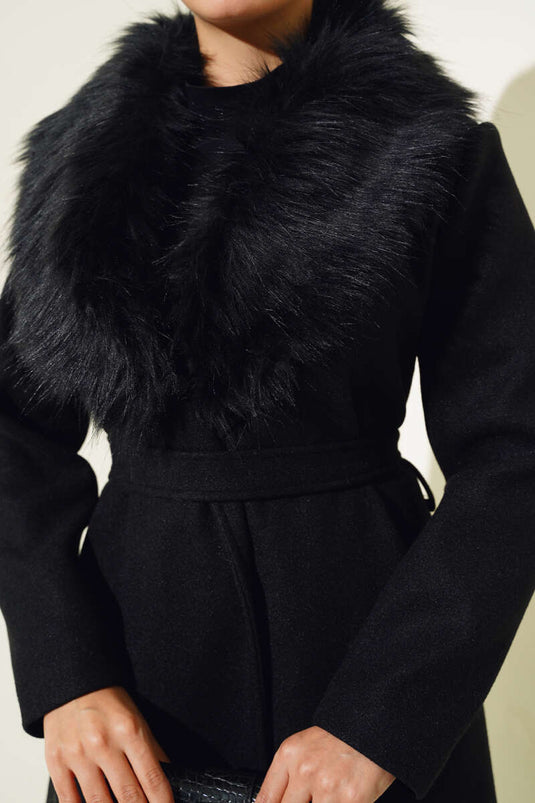 Fur Collar Belted Long Coat Black