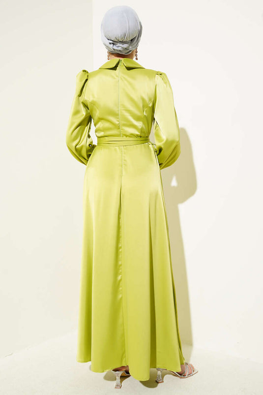 Yaka Manşet Taşlı Saten Abiye Elbise Yağ Yeşili