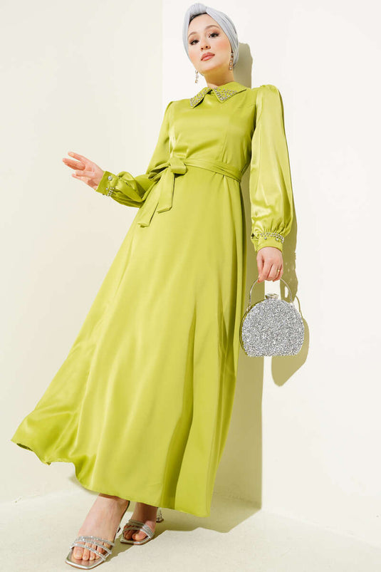 Satin Evening Dress with Stoned Collar and Cuff in Oil Green