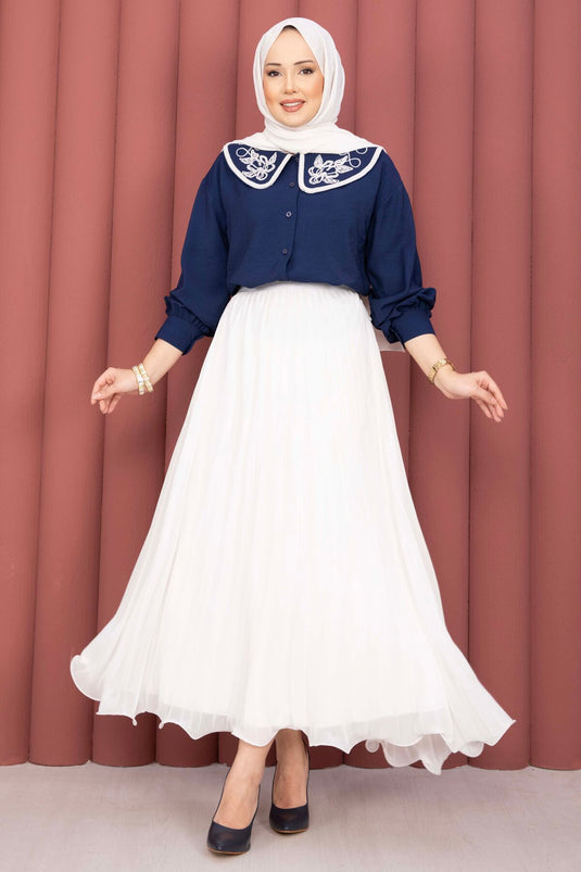 Chemisier à broderie Yaka sur jupe, bleu marine