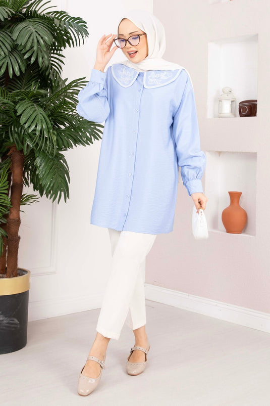 Embroidered Collar Modest Tunic Baby Blue