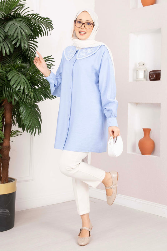 Embroidered Collar Modest Tunic Baby Blue