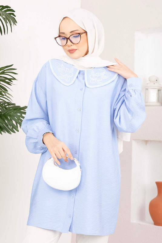 Embroidered Collar Modest Tunic Baby Blue