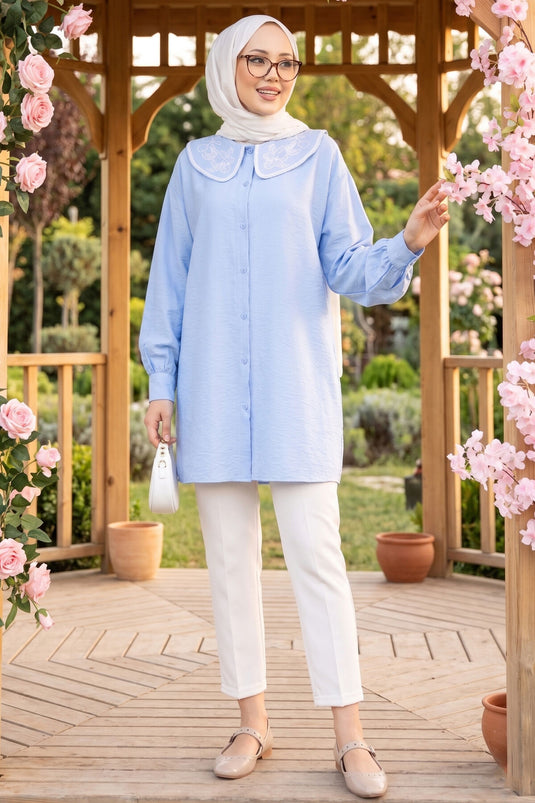 Embroidered Collar Modest Tunic Baby Blue