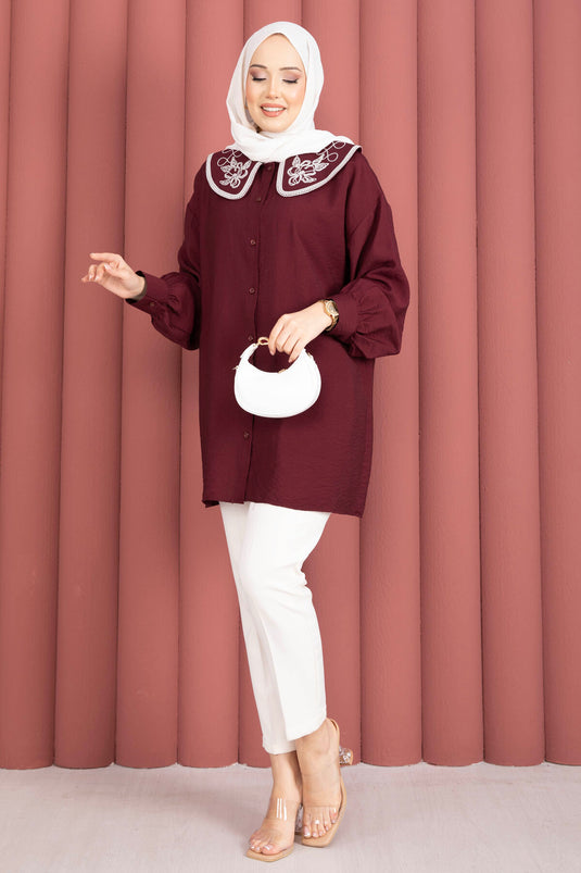 Tunique Tesettür à Broderie Yaka Bordeaux