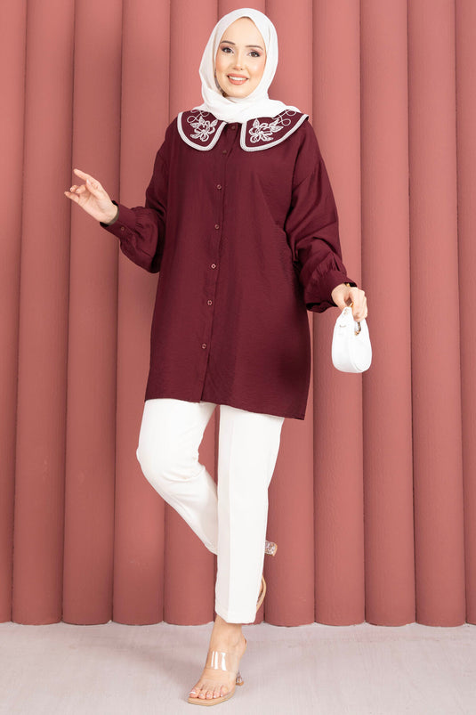 Tunique Tesettür à Broderie Yaka Bordeaux