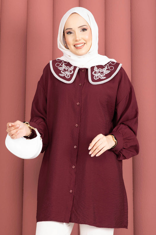 Tunique Tesettür à Broderie Yaka Bordeaux