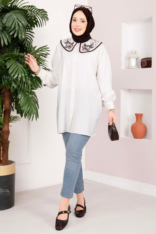Tunique Tesettür à Broderie Yaka Écru