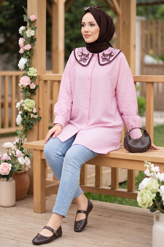 Tunique Tesettür à Broderie Yaka Rose