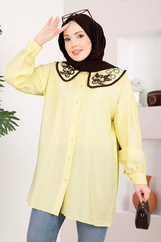 Tunique Tesettür à Broderie Yaka Jaune
