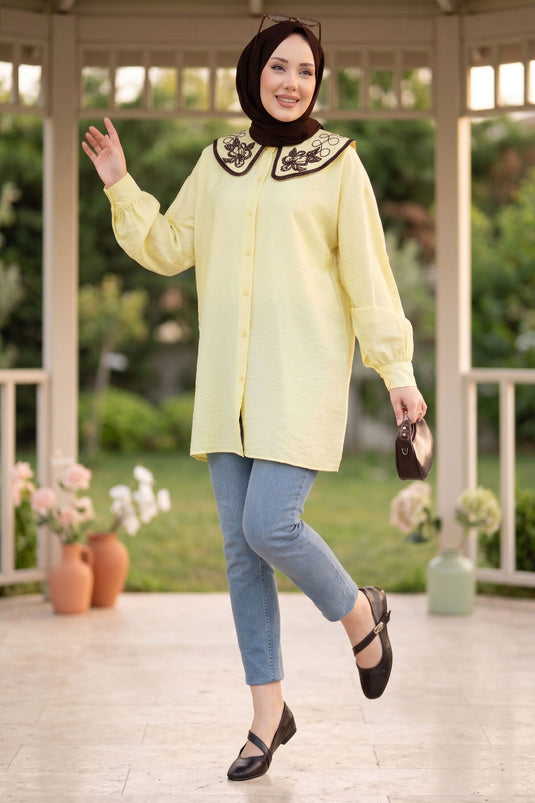 Tunique Tesettür à Broderie Yaka Jaune