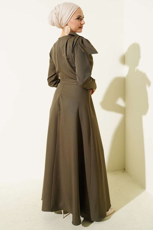 Yaka Parça Detaylı Abiye Elbise Haki