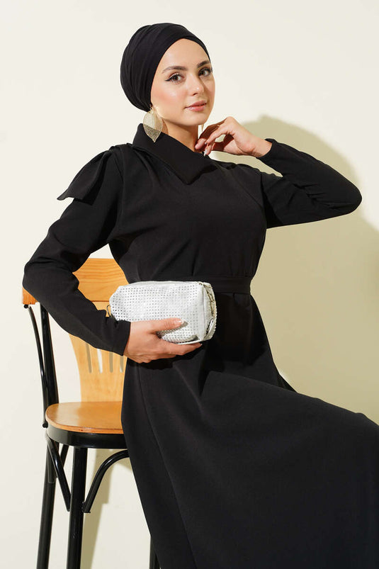 Yaka Parça Detaylı Abiye Elbise Siyah