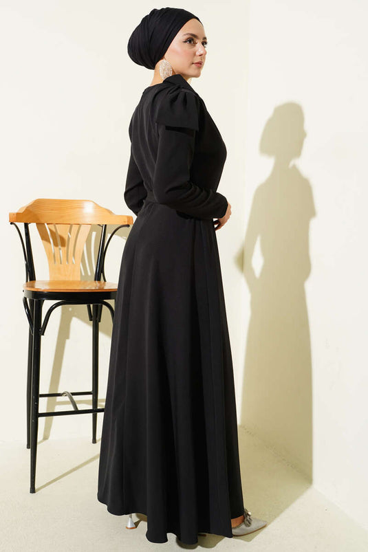 Yaka Parça Detaylı Abiye Elbise Siyah