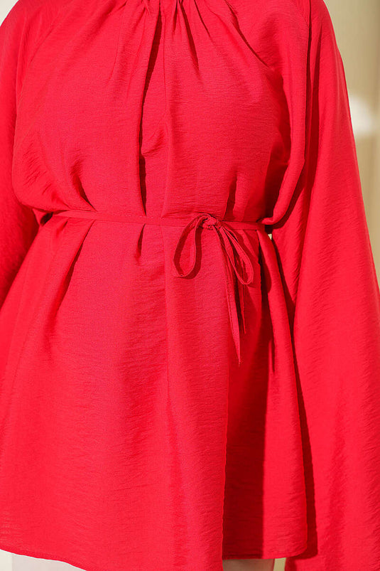 Tunique Rouge Ample À Col Roulé Et Ceinture À Nœud