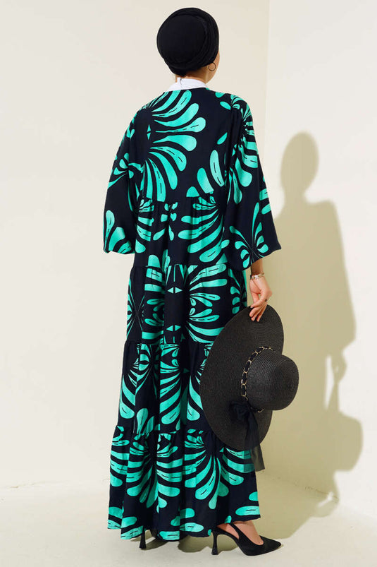 Kleid mit Kragen und Quastenmuster in Marineblau und Grün