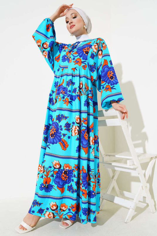 Yaka Püsküllü Desenli Elbise Mavi