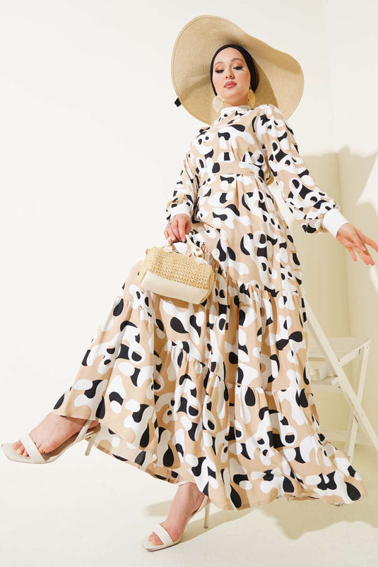 Ribbed Collar Patterned Dress Beige