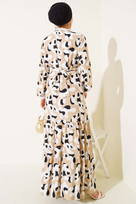 Ribbed Collar Patterned Dress Beige