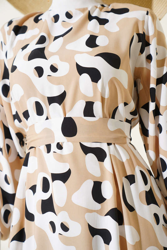 Ribbed Collar Patterned Dress Beige