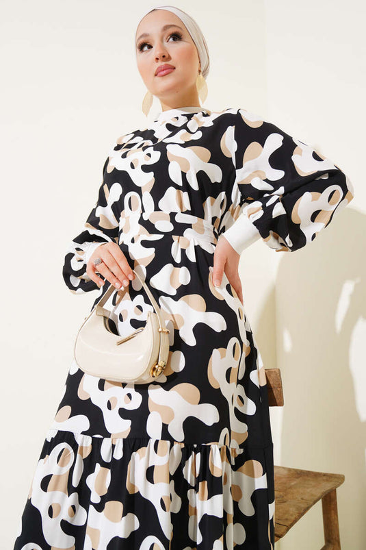 Ribbed Collar Patterned Dress Black