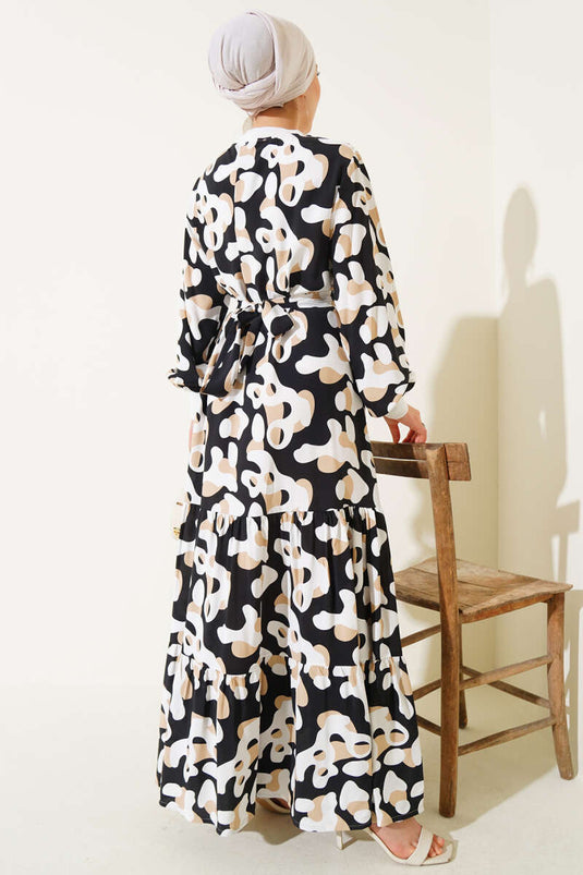 Ribbed Collar Patterned Dress Black