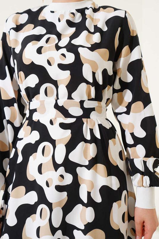 Ribbed Collar Patterned Dress Black