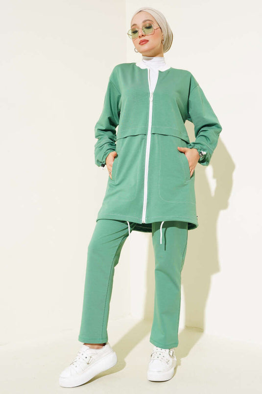 Yaka Ribanalı Fermuarlı İkili Takım Çağla Yeşili