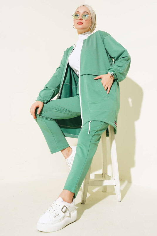 Yaka Ribanalı Fermuarlı İkili Takım Çağla Yeşili