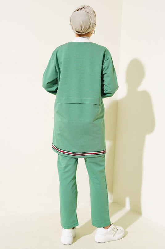 Ribbed Collar Zippered Two Piece Suit Almond Green