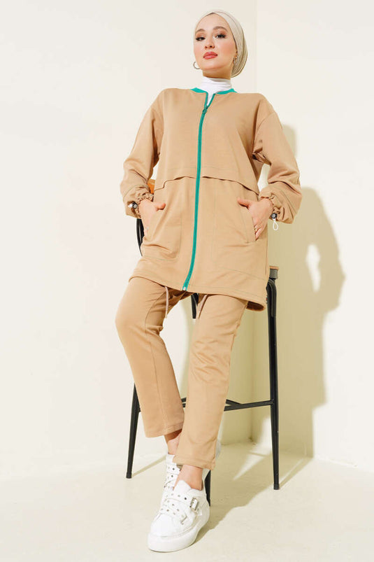 Ribbed Collar Zippered Two Piece Suit Camel