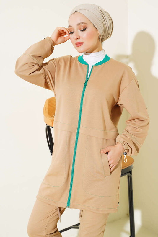 Ribbed Collar Zippered Two Piece Suit Camel