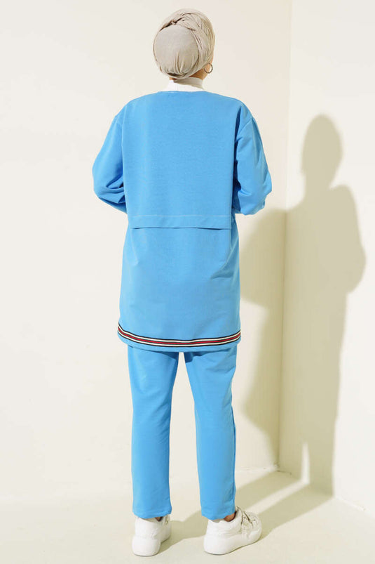 Ribbed Collar Zippered Two Piece Suit Blue